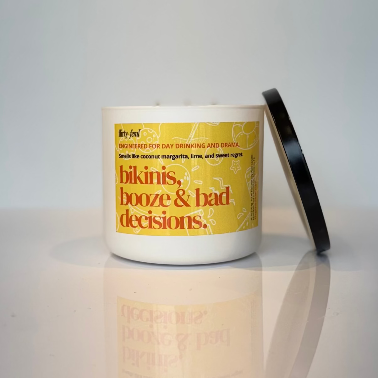 Candle with a yellow label on a white surface