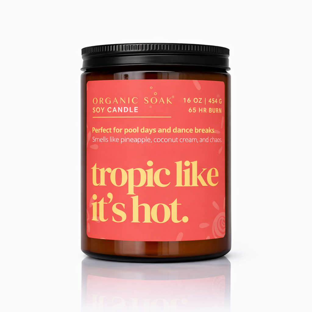 Soy candle with a red label on a white background