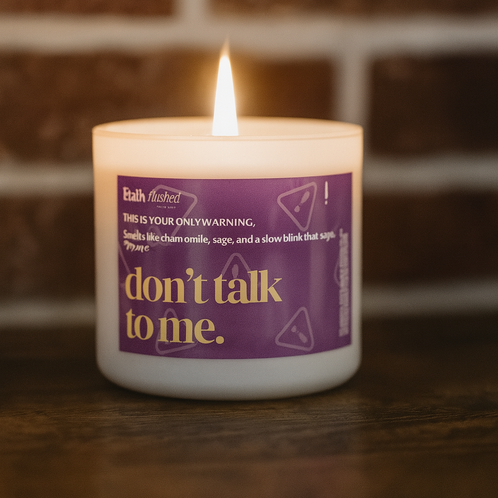 Candle with a purple label reading &