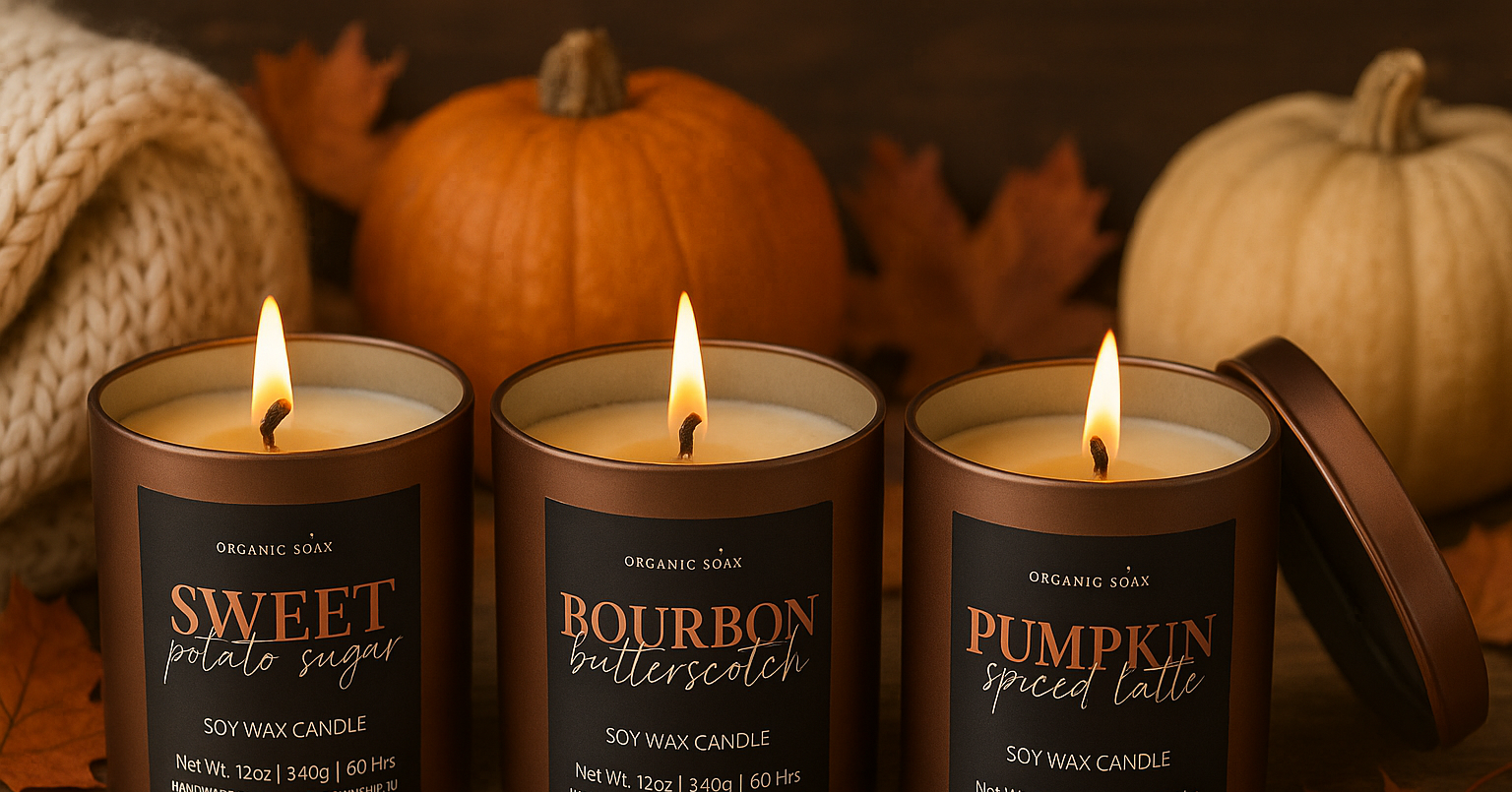 Three scented candles with labels on a wooden surface with pumpkins and leaves.