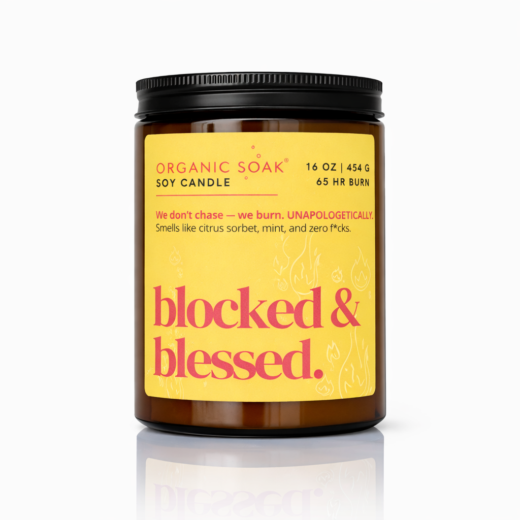 Candle jar with a yellow label on a white background