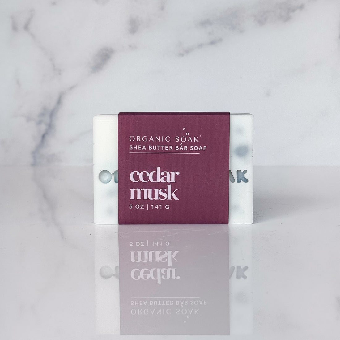 cedar musk shea bar soap against a marble background