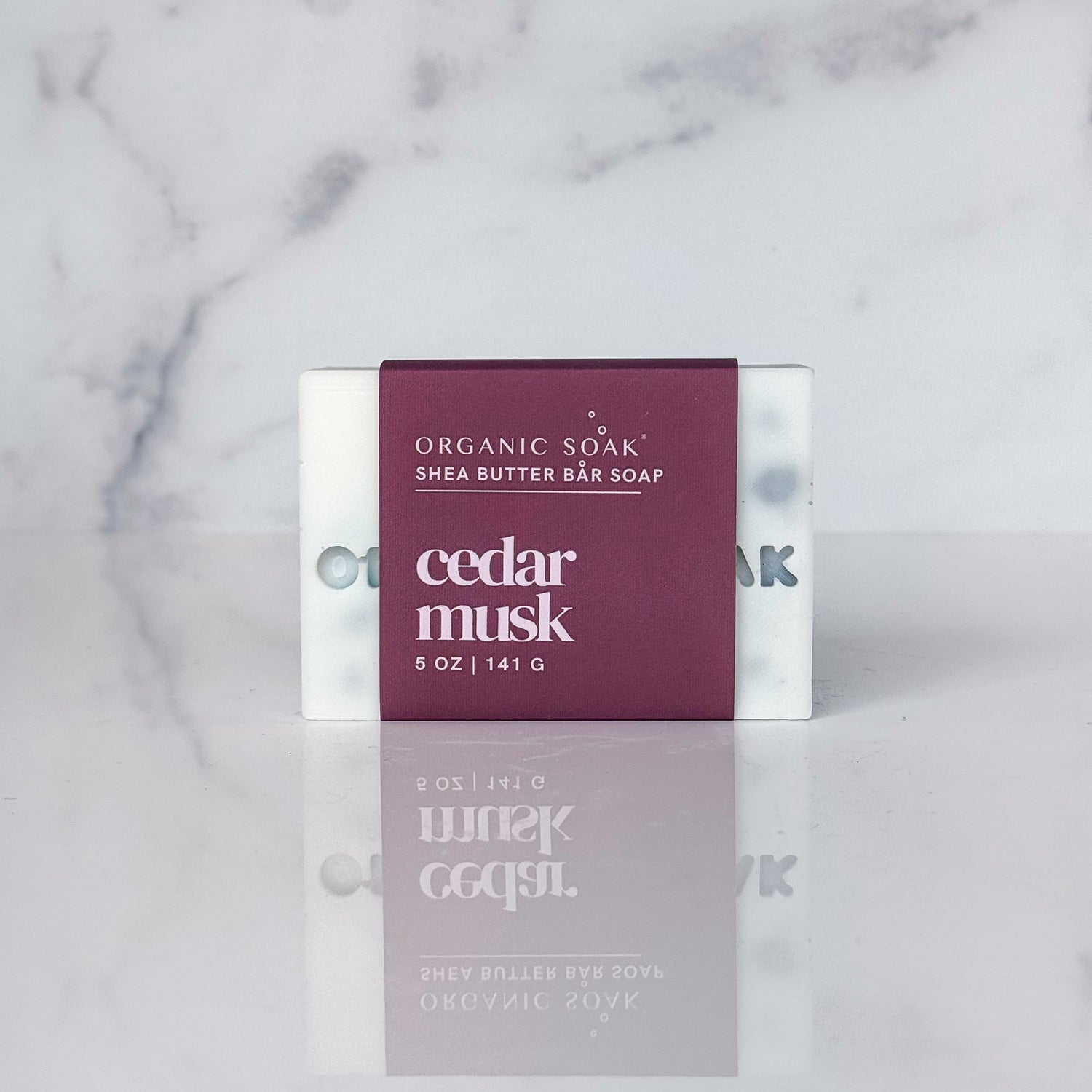 cedar musk shea bar soap against a marble background