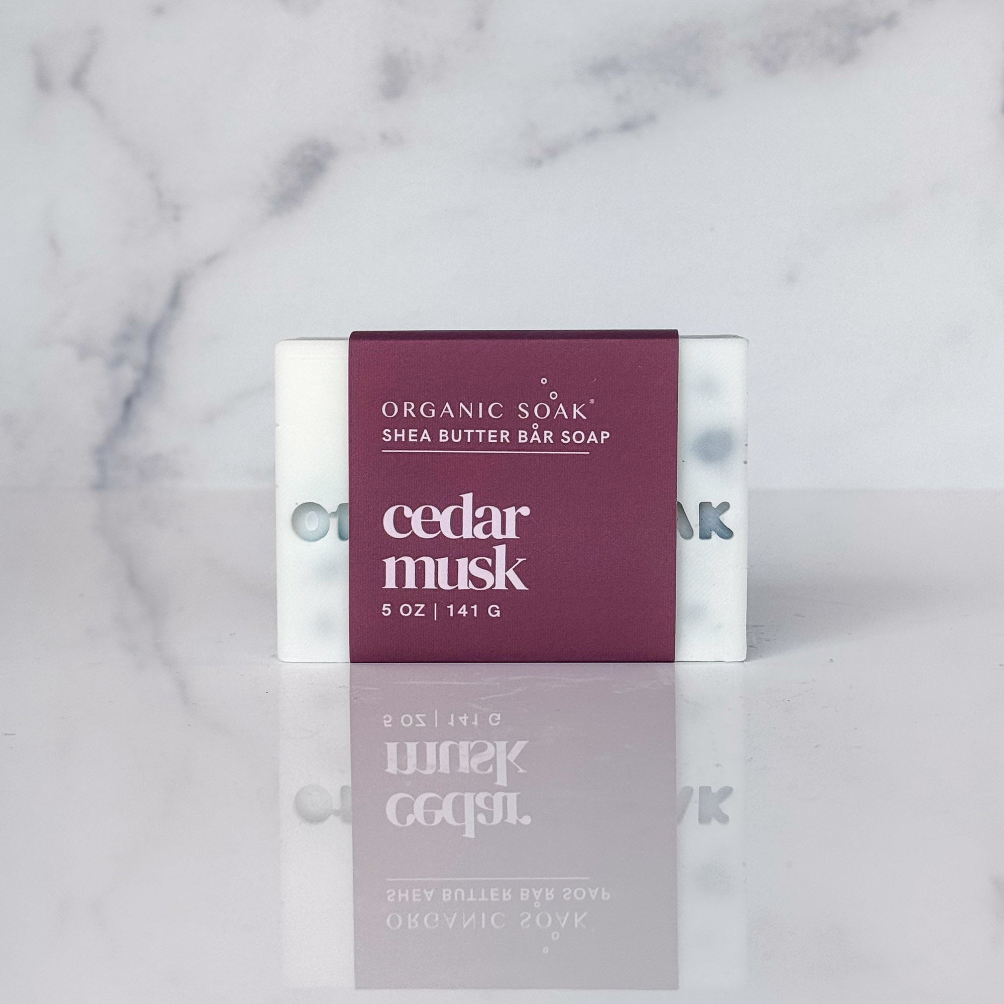 cedar musk shea bar soap against a marble background